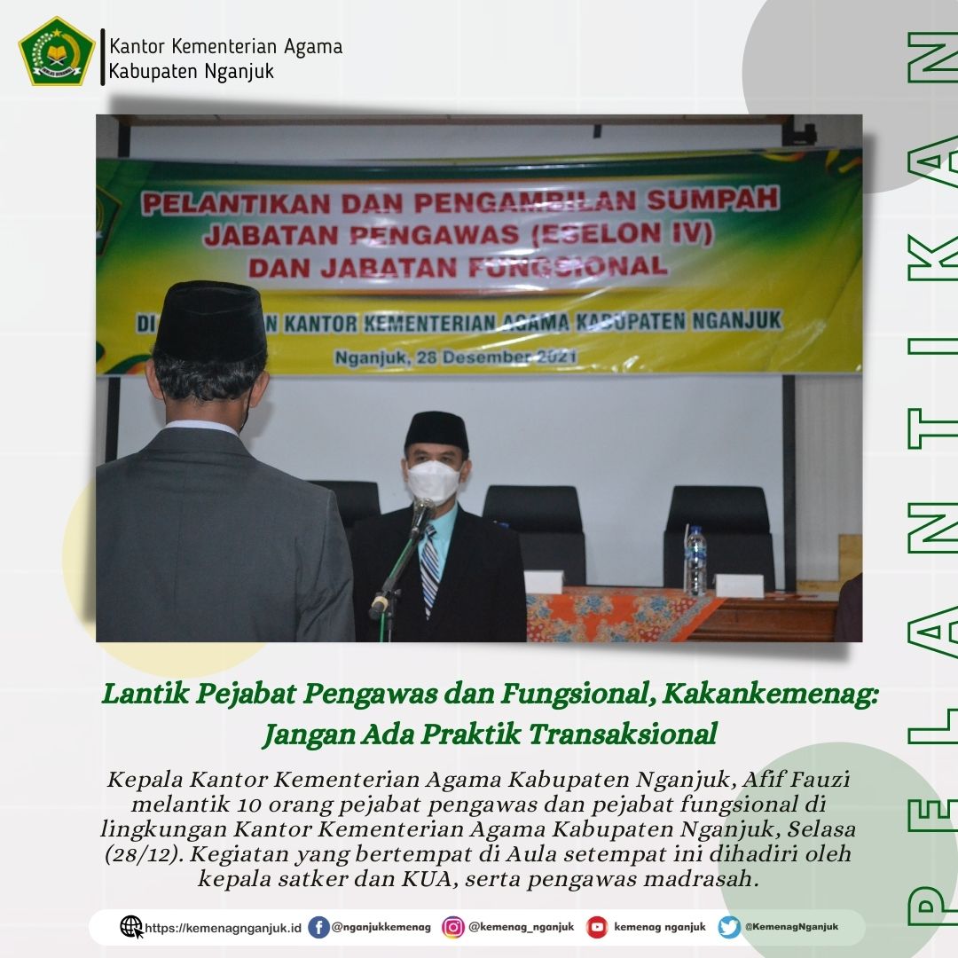 Lantik Pejabat Pengawas dan Fungsional, Kakankemenag: Jangan Ada Praktik Transaksional
