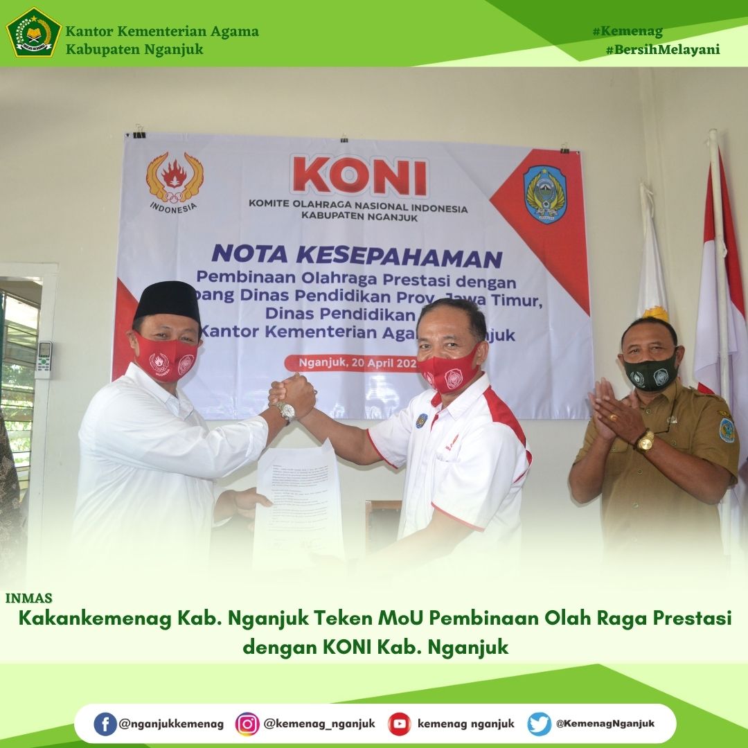Kakankemenag Kabupaten Nganjuk Teken MoU Pembinaan Olah Raga Prestasi dengan KONI