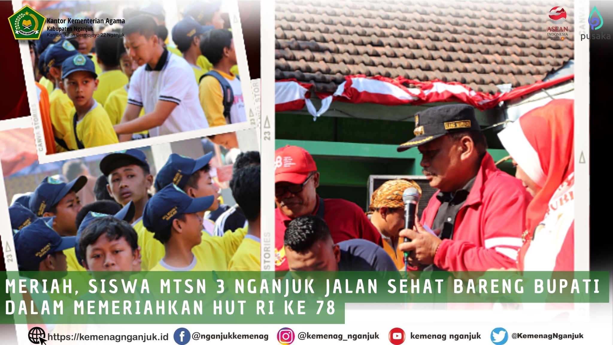 Meriah, Siswa MTsN 3 Nganjuk Jalan Sehat Bareng Bupati dalam Memeriahkan HUT RI Ke 78